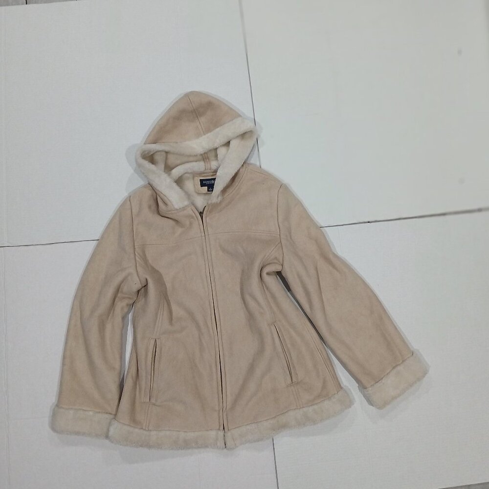 Sonoma Life + Style Women's Suede Fabric Beige HoodFaux Fur Coat/Jacket Size L.